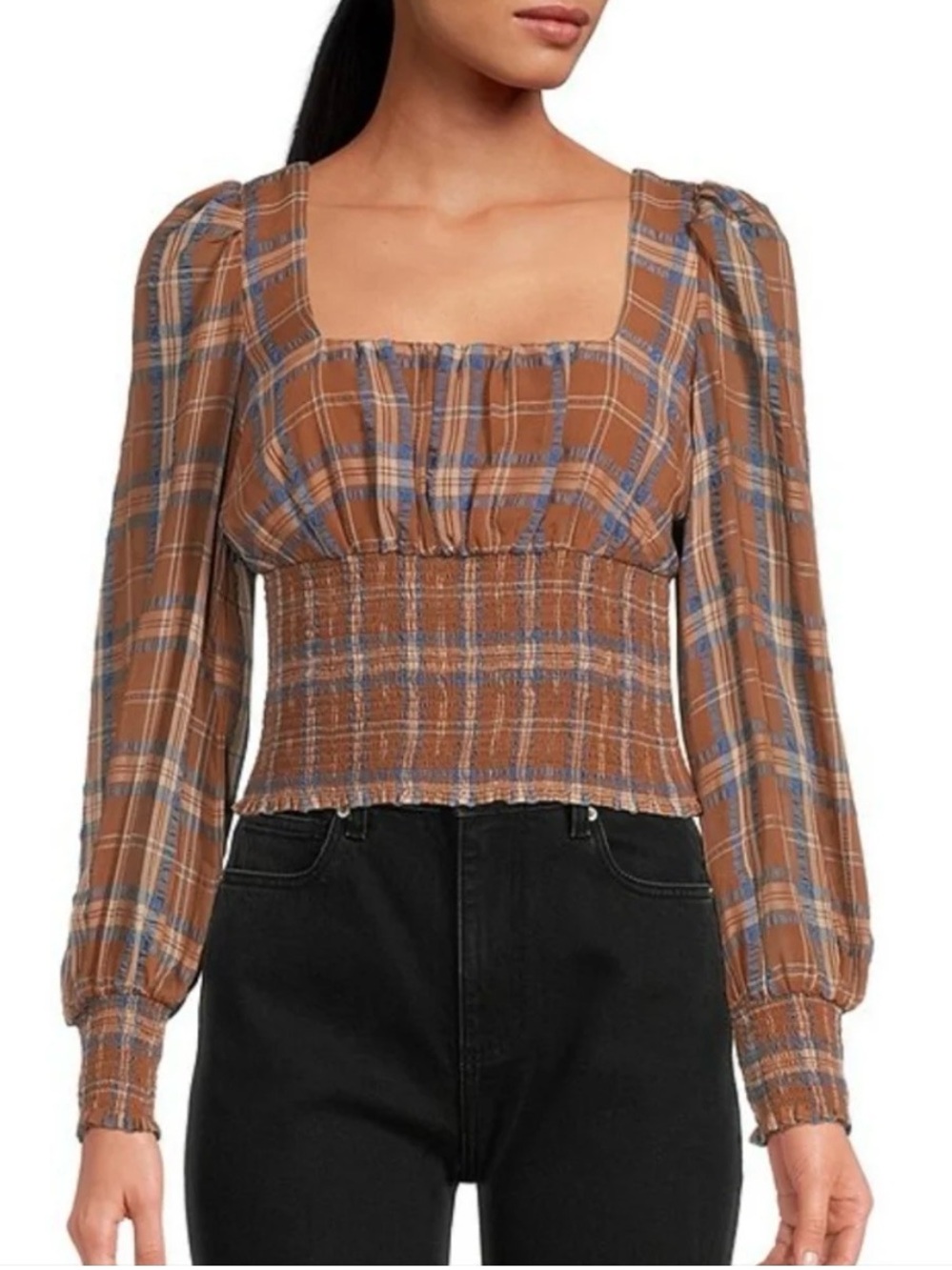 Gianni Bini Plaid Smocked Crop Top Size 6 Brown Blue Cottagecore
